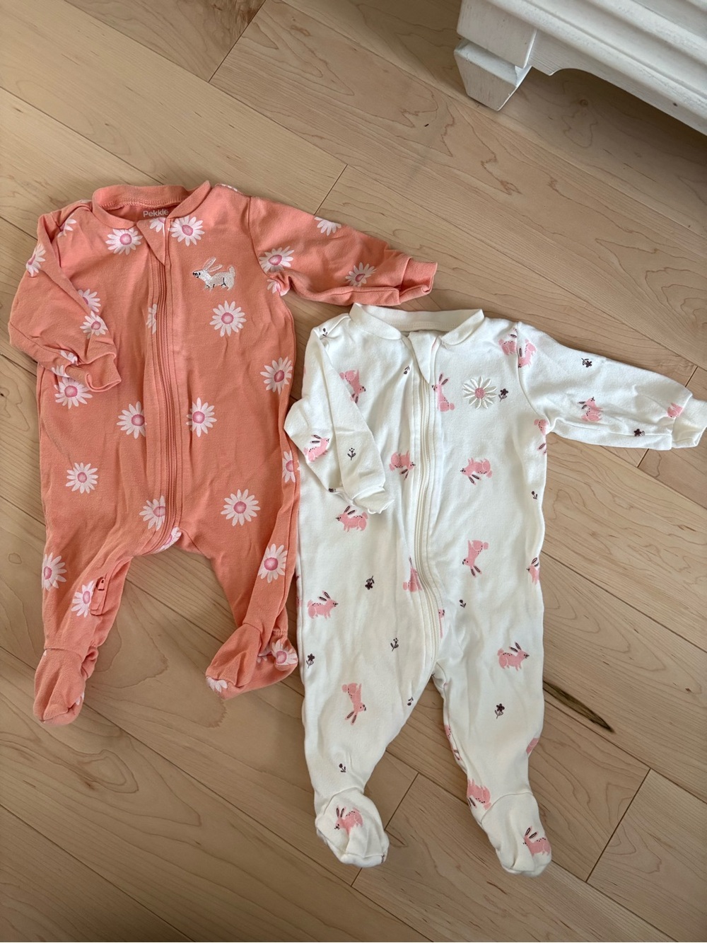 Coral Daisy & White Bunny Footed One-Pieces - 2-Pack